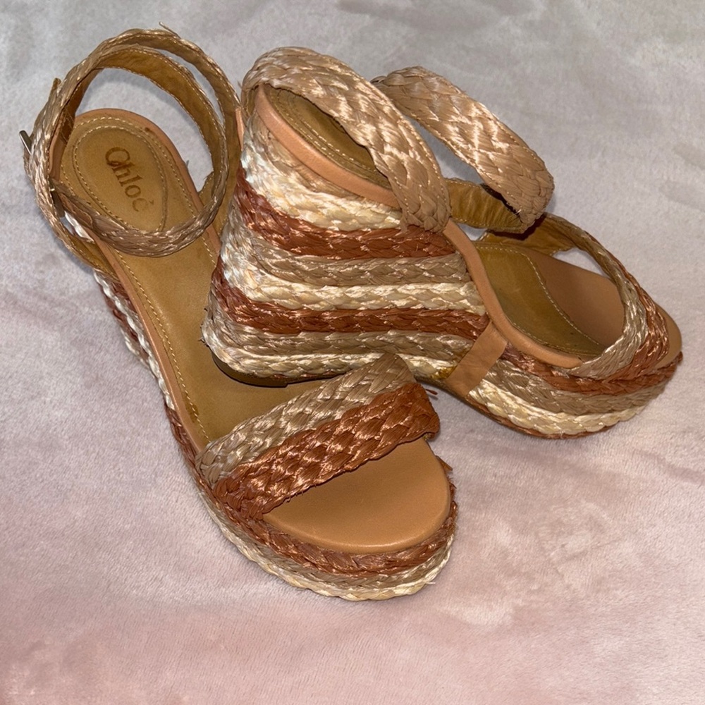 Chloe Cream and Brown Wedge Sandals with Braided Upper